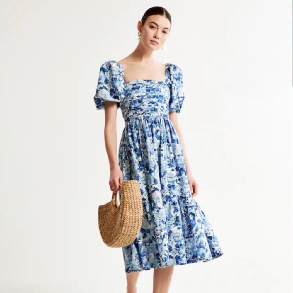 Blue Floral Emerson Puff Sleeve Midi Dress